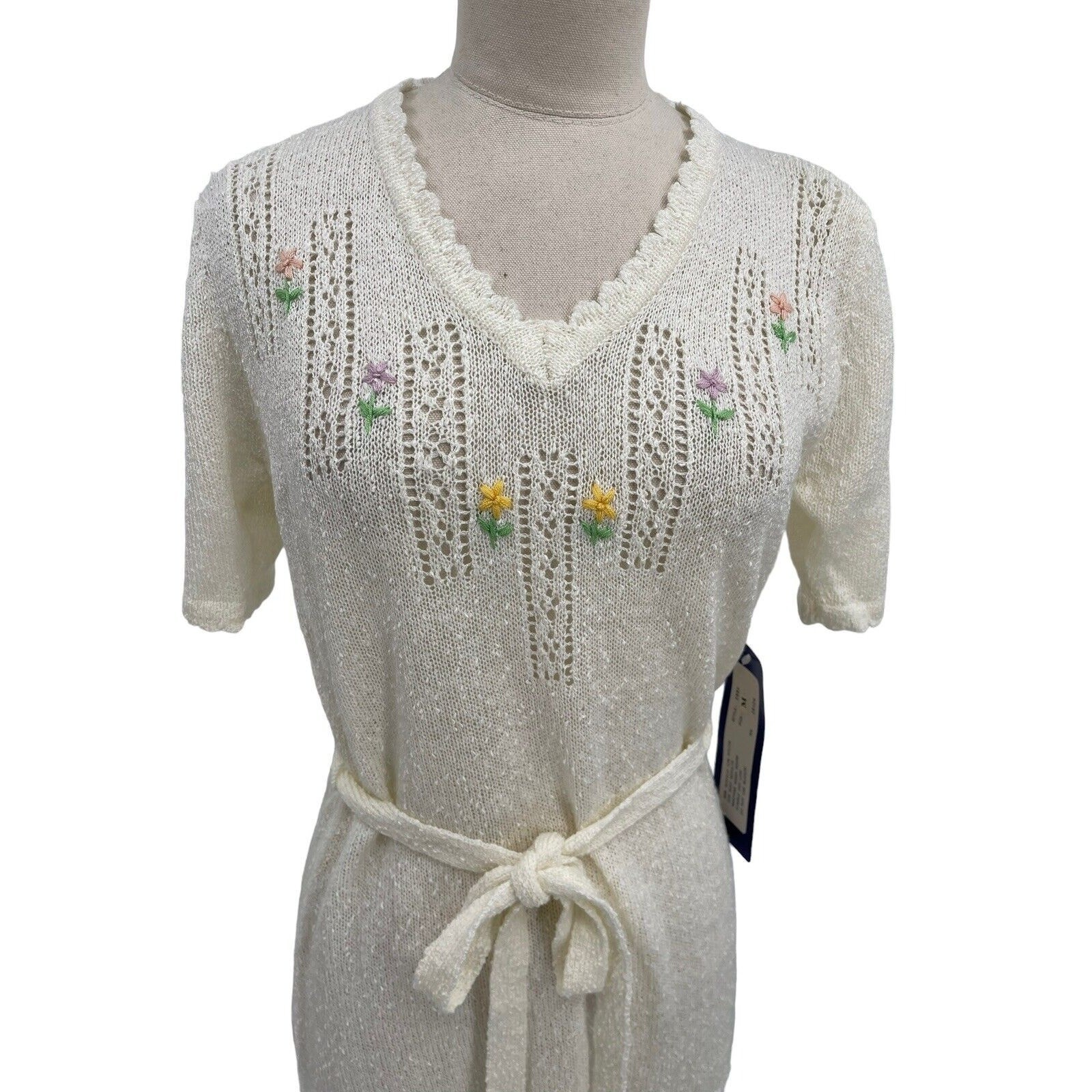 NWT Vintage Joni Blair Dress Boucle Knit Sweater Embroidered Flowers Medium
