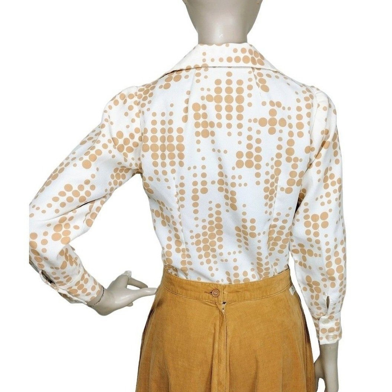 Vintage White Tan Polka Dot 60’s 70’s Button-Down Shirt Size XS/S/M