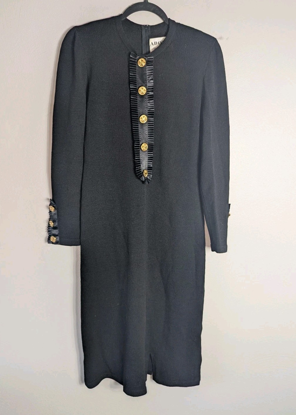 Vintage Adolfo at Saks Fifth Avenue Black Knit Gold Button Dress Size Medium M
