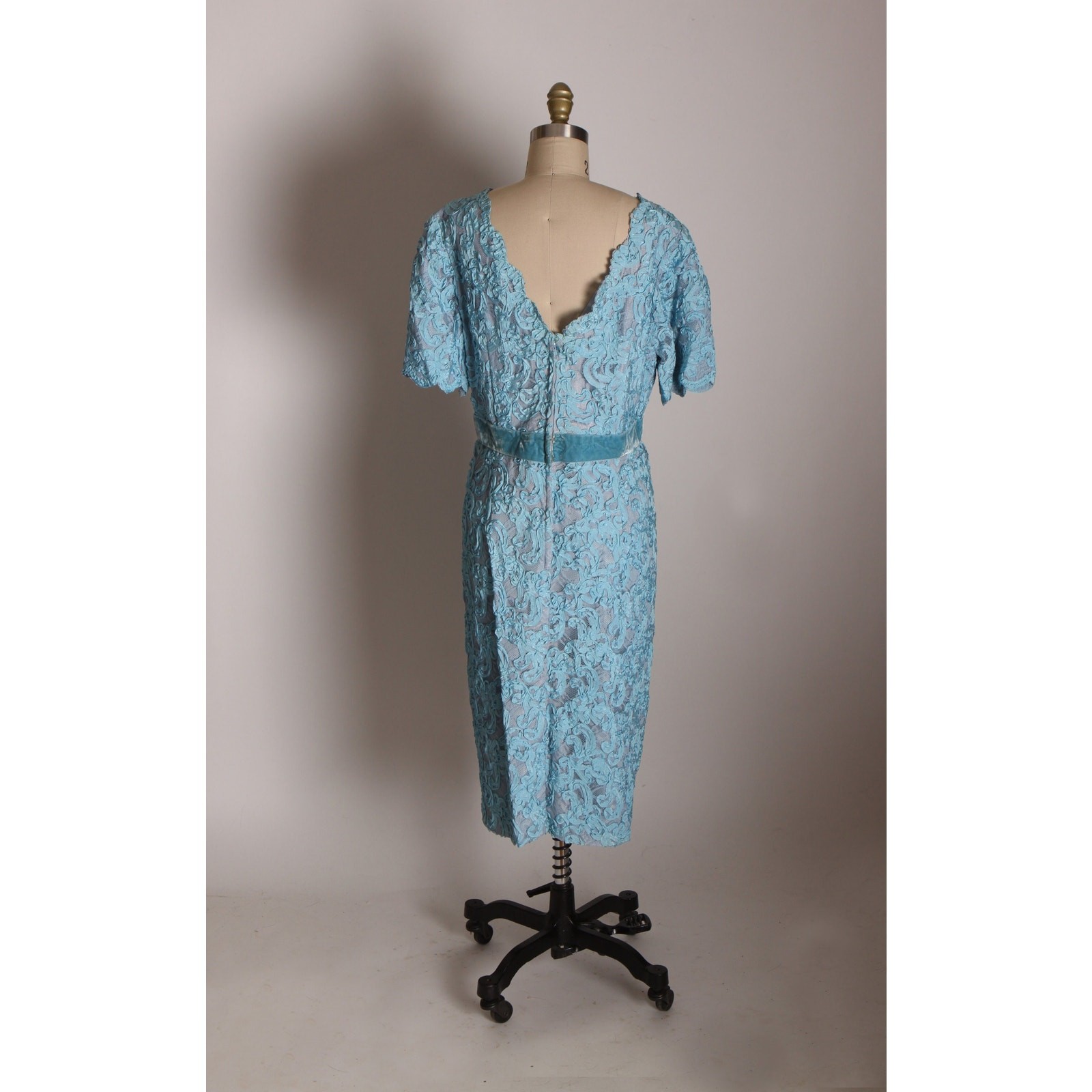 Early 1960s Blue Soutache Lace Formal Blue Velvet Bow Dress with Matching Jacket