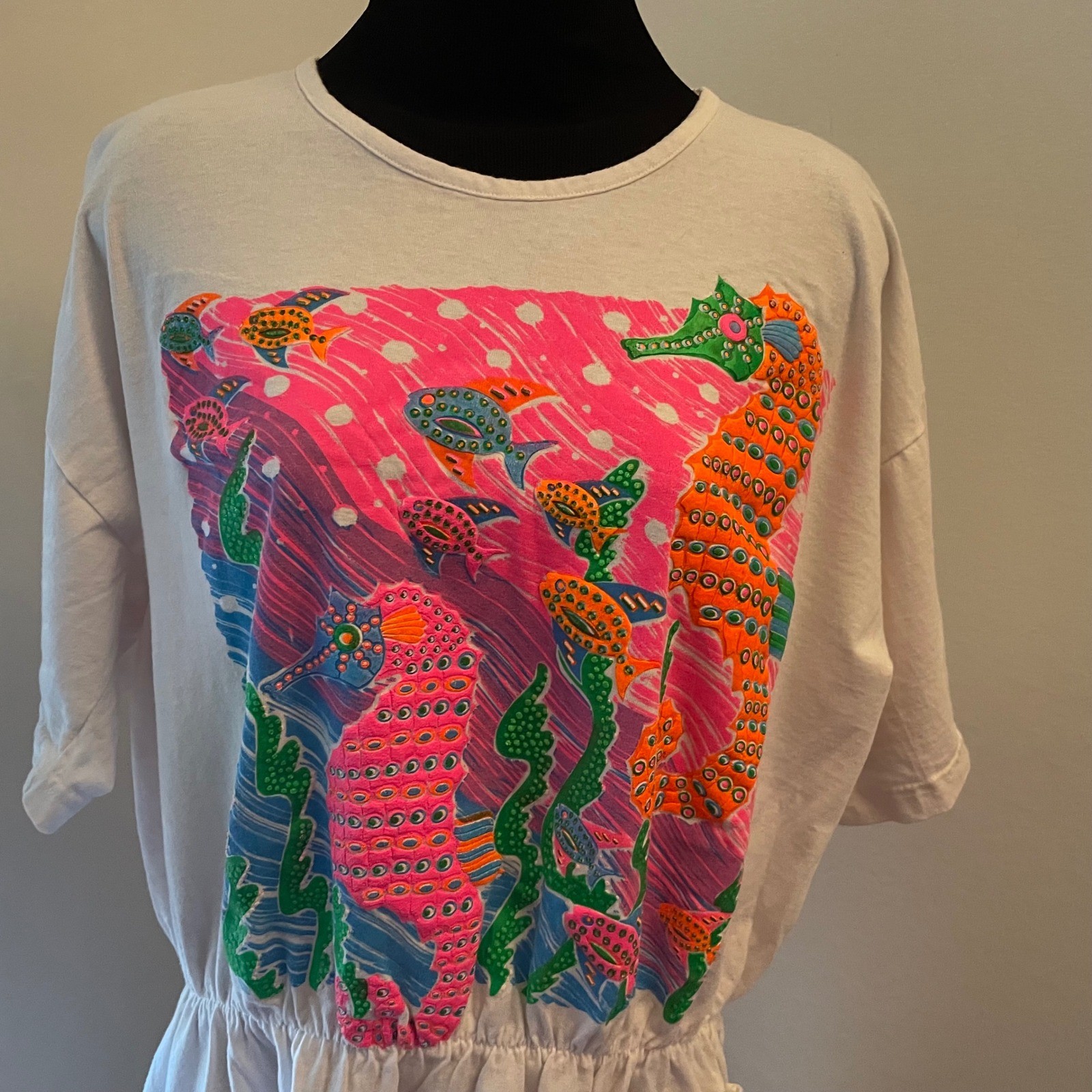 Vintage Look & Sea Seahorse Puff Print T-Shirt Dress Cover up Neon 80s OS USA
