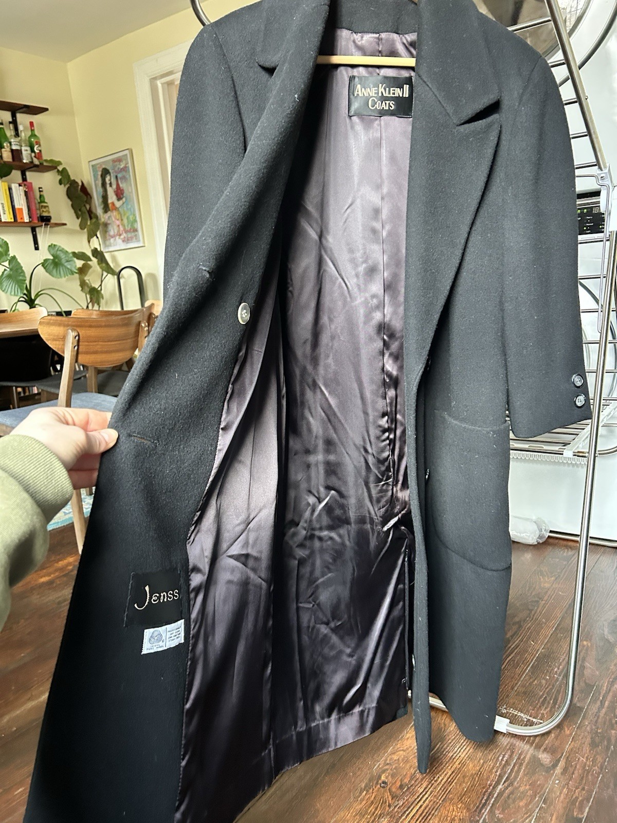 Vintage Anne Klein II Black Wool Coat Women M Long Double Breasted Classic USA