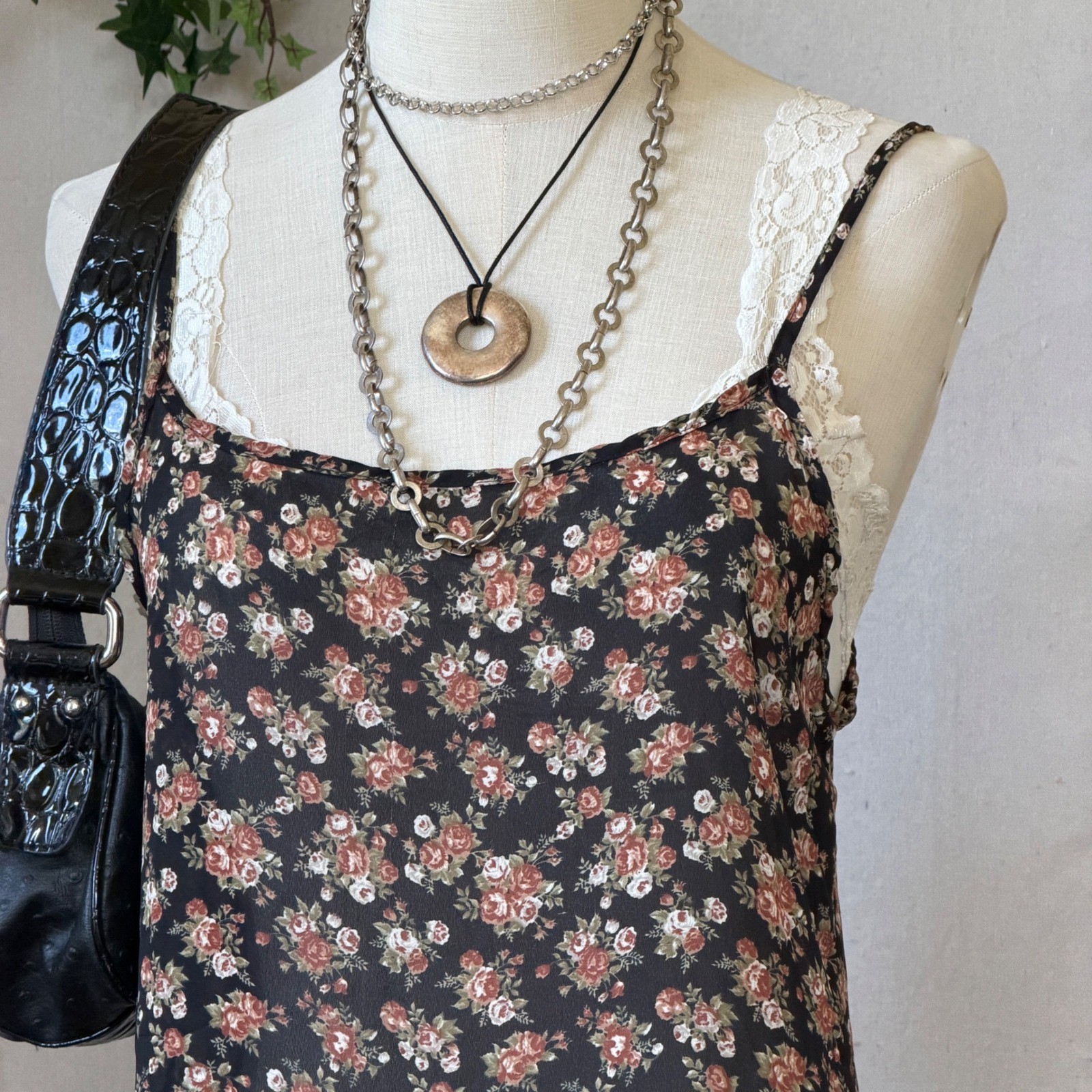 Girly Grunge Black Floral Print Slip Dress Indie Sleaze 90s Vintage Medium Sheer