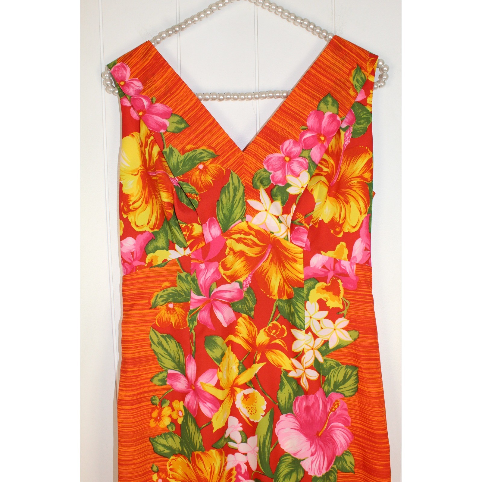 VTG Liberty House Hawaii Maxi Length Floral/Orange Dress V Neck Back Zipper 10