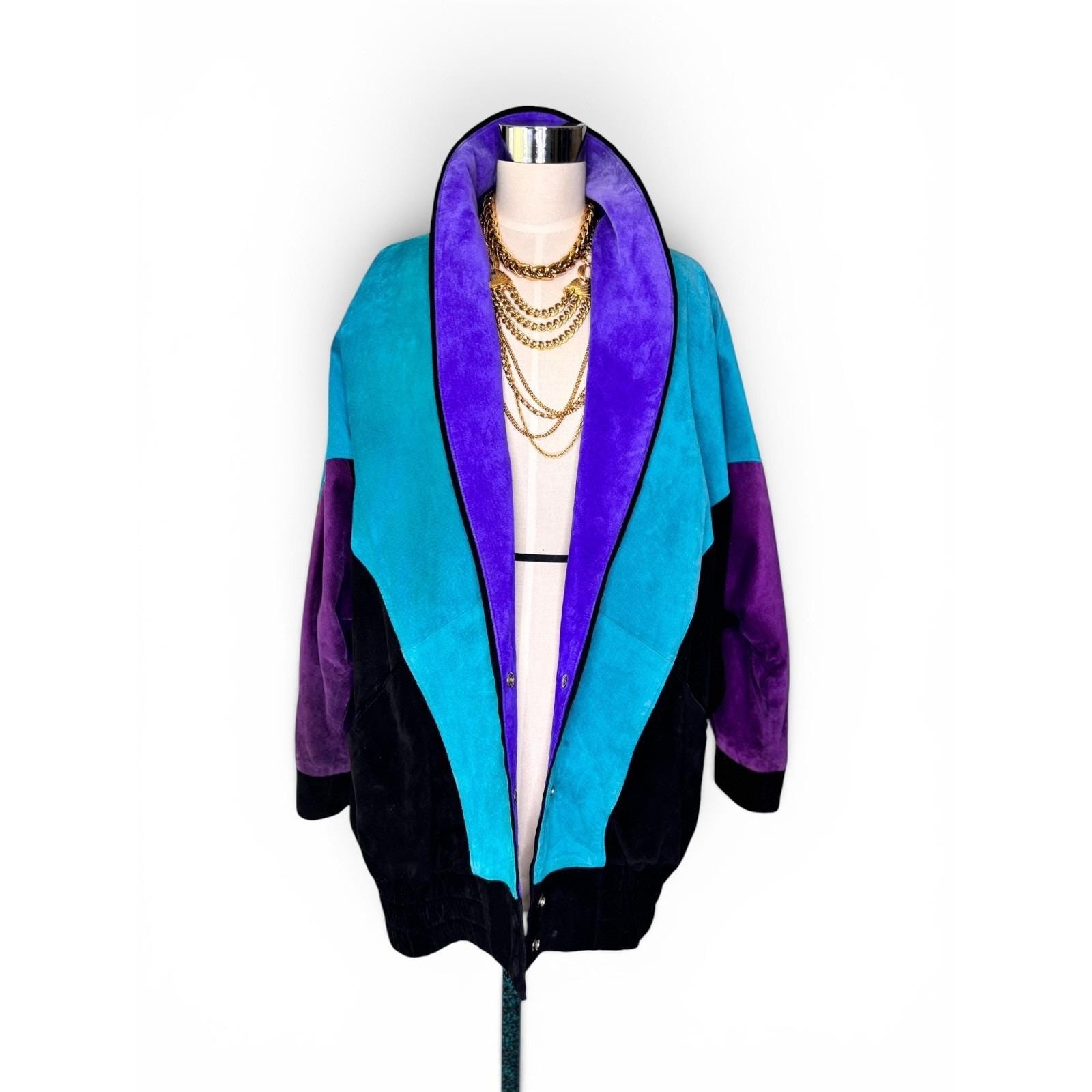 Rare Vintage Mary Hoffman Black, Teal, Purple Suede Color Block Suede Jacket M