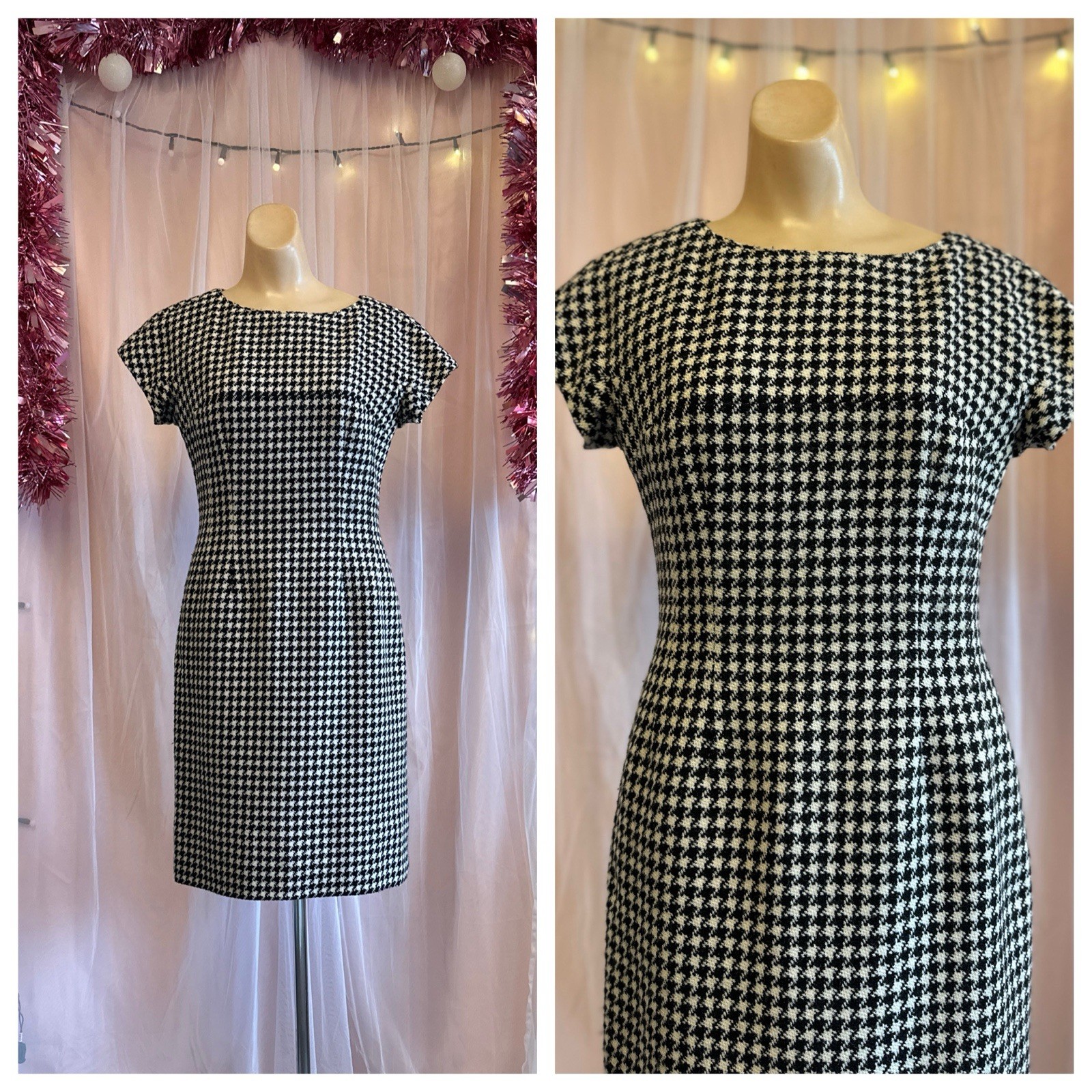 Vintage 60s Mini Dress Black White Houndstooth Preppy Mod Wool S