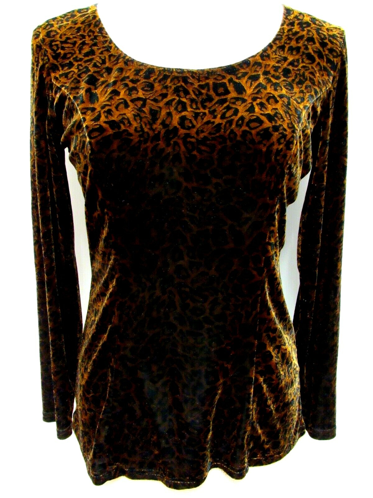VTG COLDWATER CREEK Velvet Stretch Knit Top Leopard Print Black Brown 6 M EUC