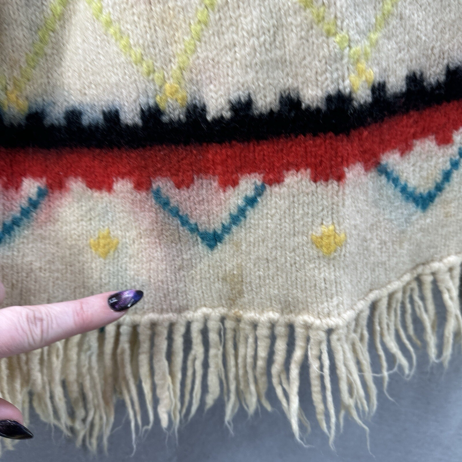 Vintage Barbara Lee Fringed Cape Shawl Poncho Aztec Wool Womens M Native READ