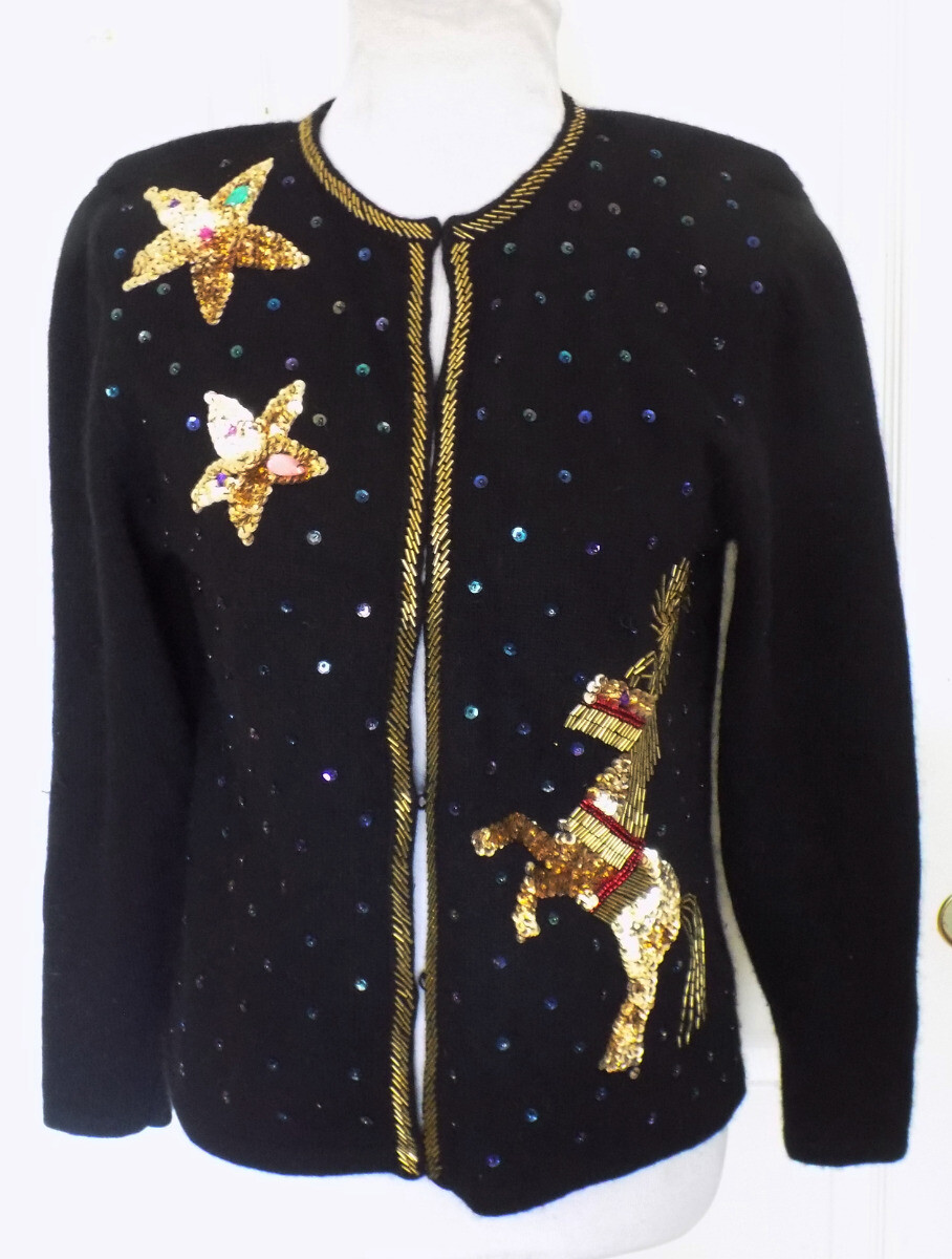 Vintage 80s Black Lambswool Angora Christmas Sweater Sequins Justine Todd M B34