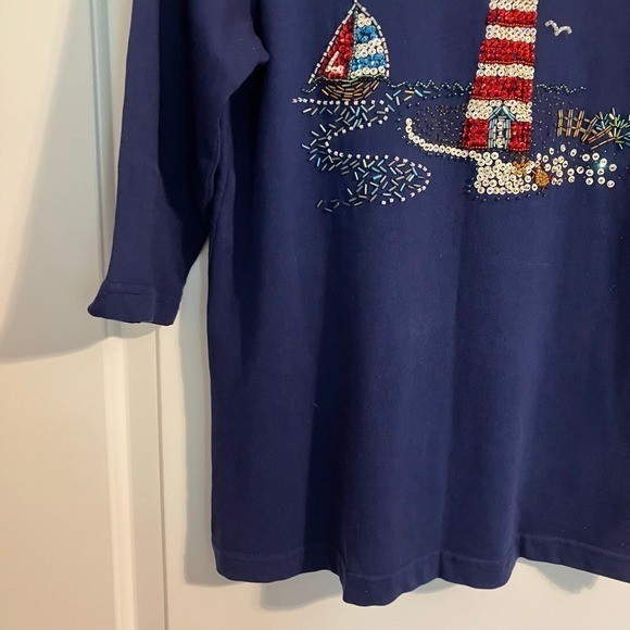 Vintage Quacker Factory Top Womens XS Blue Beaded Sequins Lighthouse Nautical