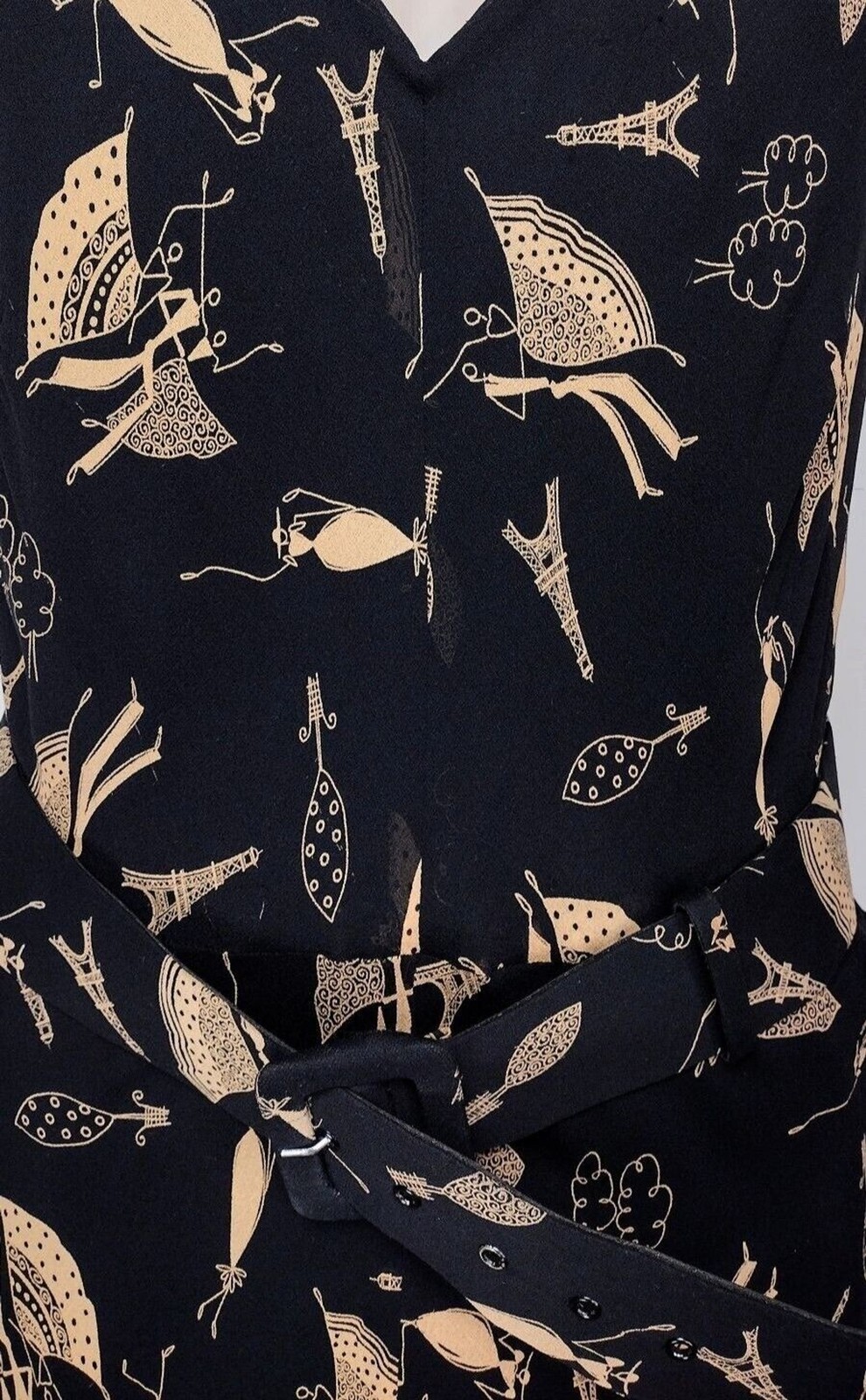 Vintage 90s 100% Silk Black Gold Paris Flamenco Dancer All Over Print Dress
