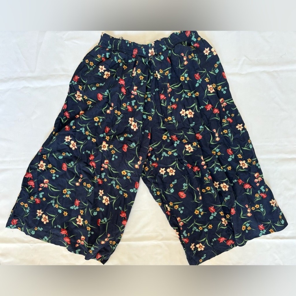 Russ Classic Vintage Womens Elastic Waist Palazzo Pants in Navy Floral Sz MP