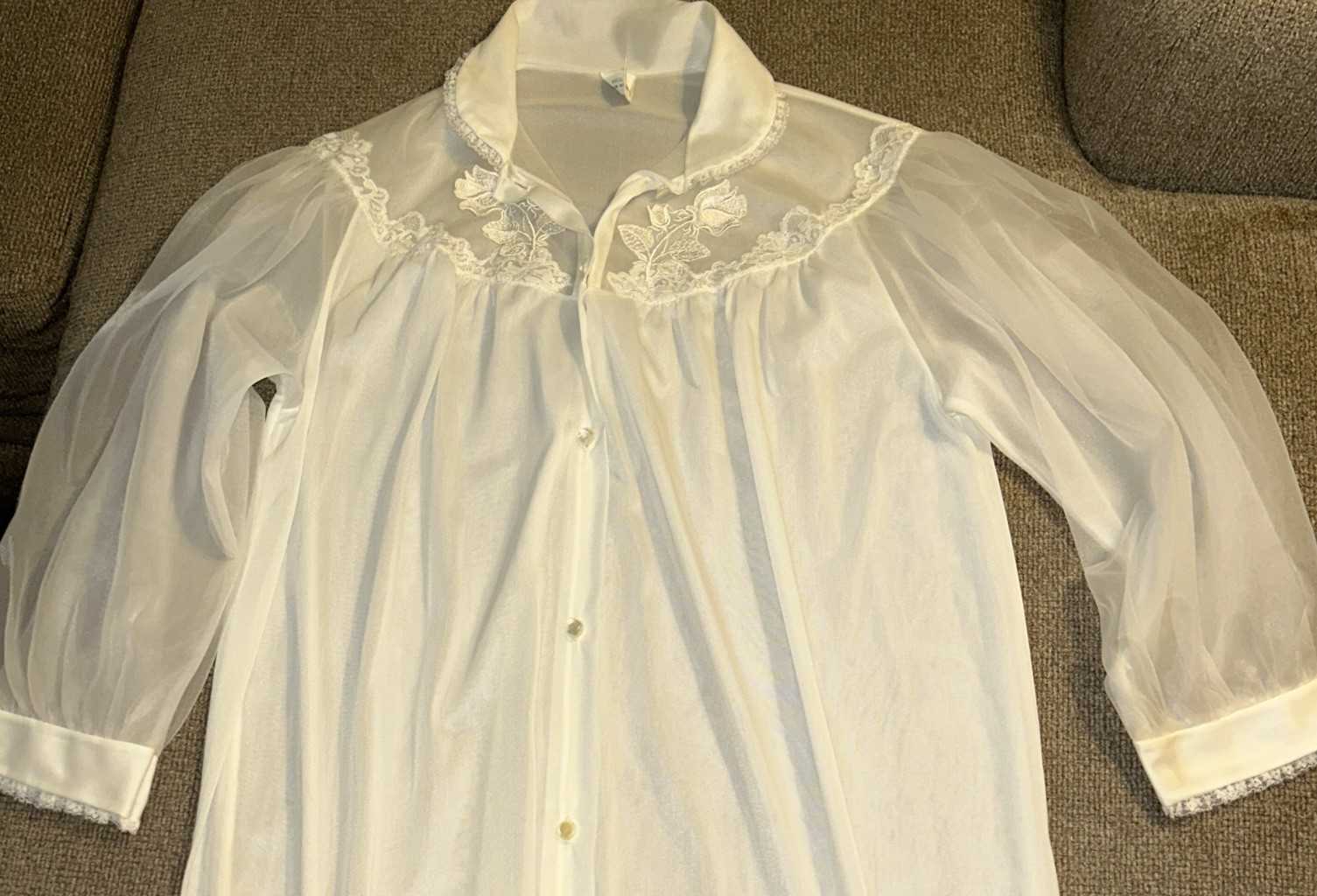 VTG 50’s Nightgown Peignoir Set Ivory Nylon Chiffon Lace Applique Coquette Sz 34