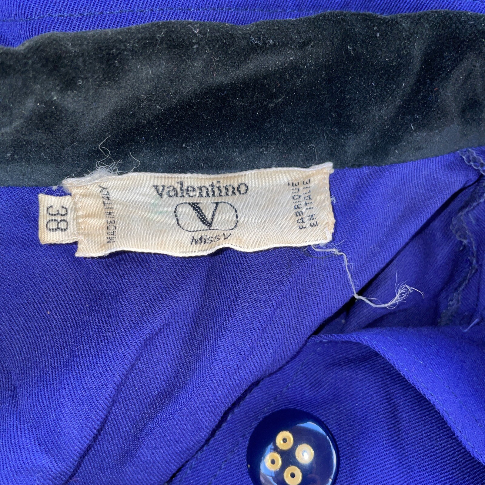 VINTAGE MISS V VALENTINO BLUE BLACK VELVET COLLAR BUTTON FRONT DRESS Sz 38