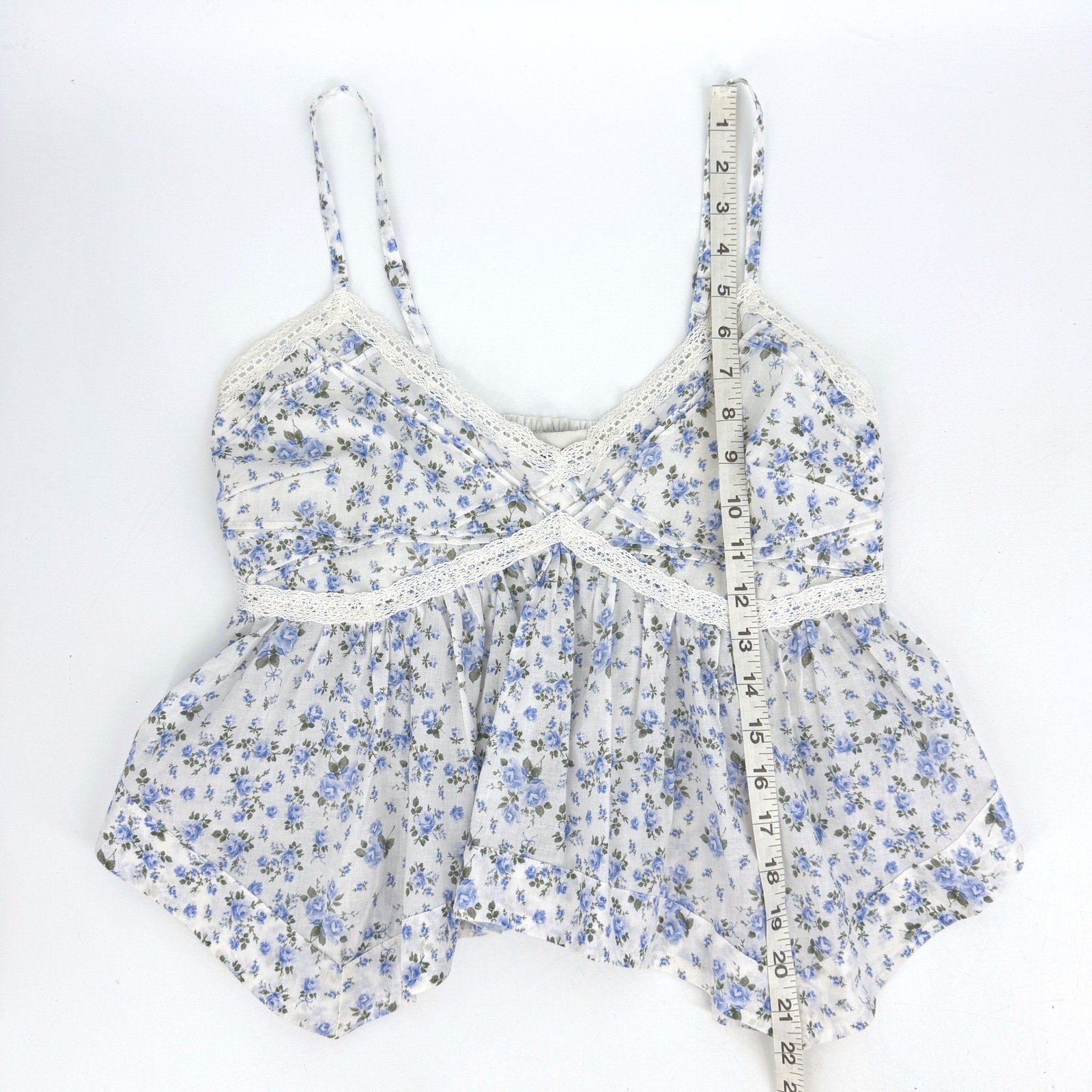 Hollister Blue Floral Babydoll Lace Trim Cami Top Sz M Handkerchief Hem Fairy