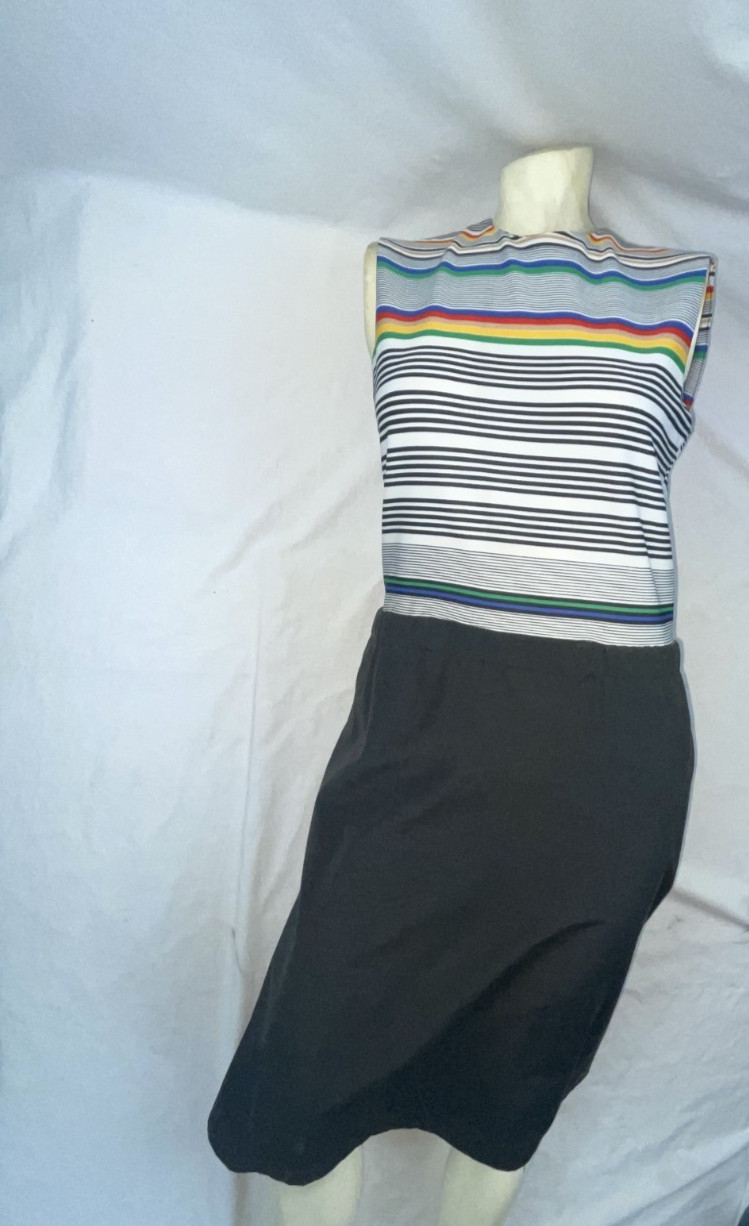 VTG 80S WOMENS S RETRO NEW WAVE SLEEVELESS STRIPED BLACK DRESS