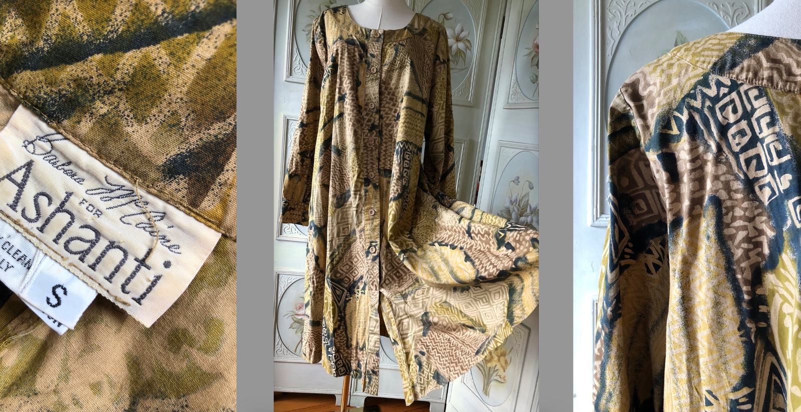 VTG BARBARA McCAINE ASHANTI COTTON DRESS SLEEVE TAN BROWN BLACK TIKI PRINT S EUC
