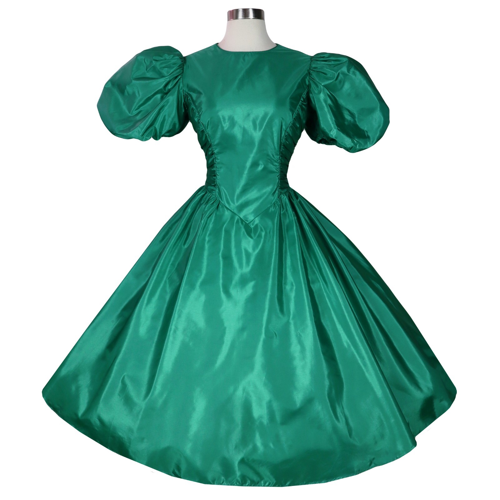 Vintage 80s Green Taffeta Puff Sleeve Full Skirt Big Bow Prom Gown Party Dress M