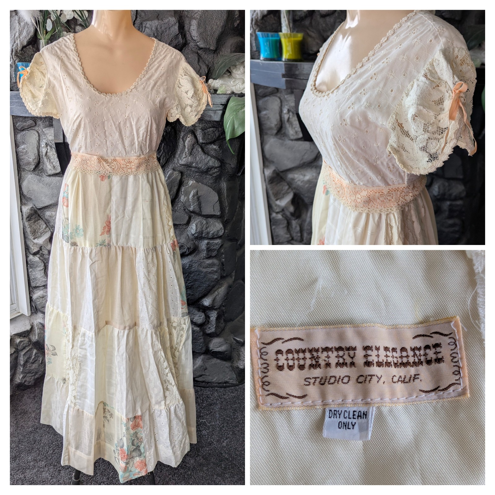 Vtg 60s 70s Country Elegance Maxi Dress Gunne Style Boho Cottage Prairie Sz XXS