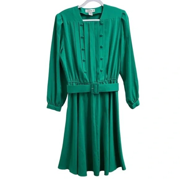 Vintage Hana Sung Belted Midi Length Elastic Waist Fit and Flare Green Dress