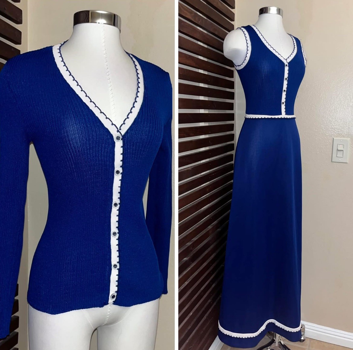 1960s 60s Blue White Sleeveless Maxi Knit Dress Long Sleeve Button Cover Up Set