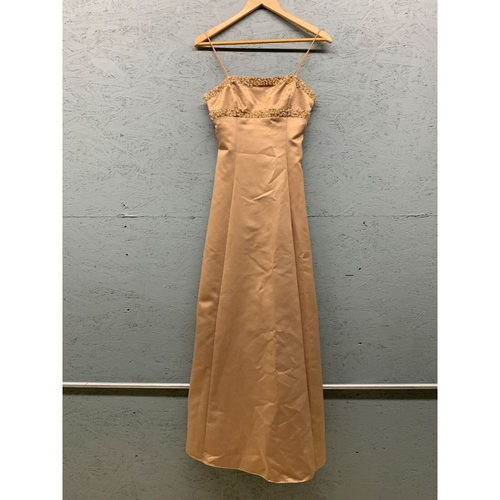 De Laru Beaded Satin Maxi Gown Dress Womens Size 5/6 Gold Vintage Y2K Formal