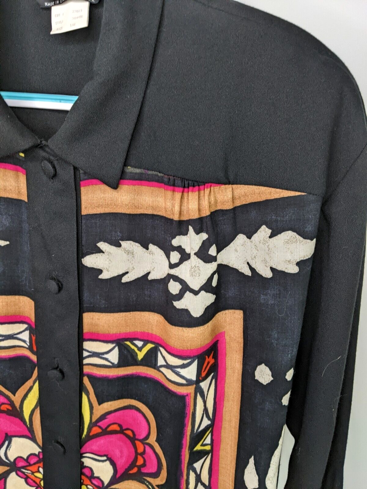 Vintage 90s Floral Blouse Black Pink Stained Glass Look Black Brown Womens L XL