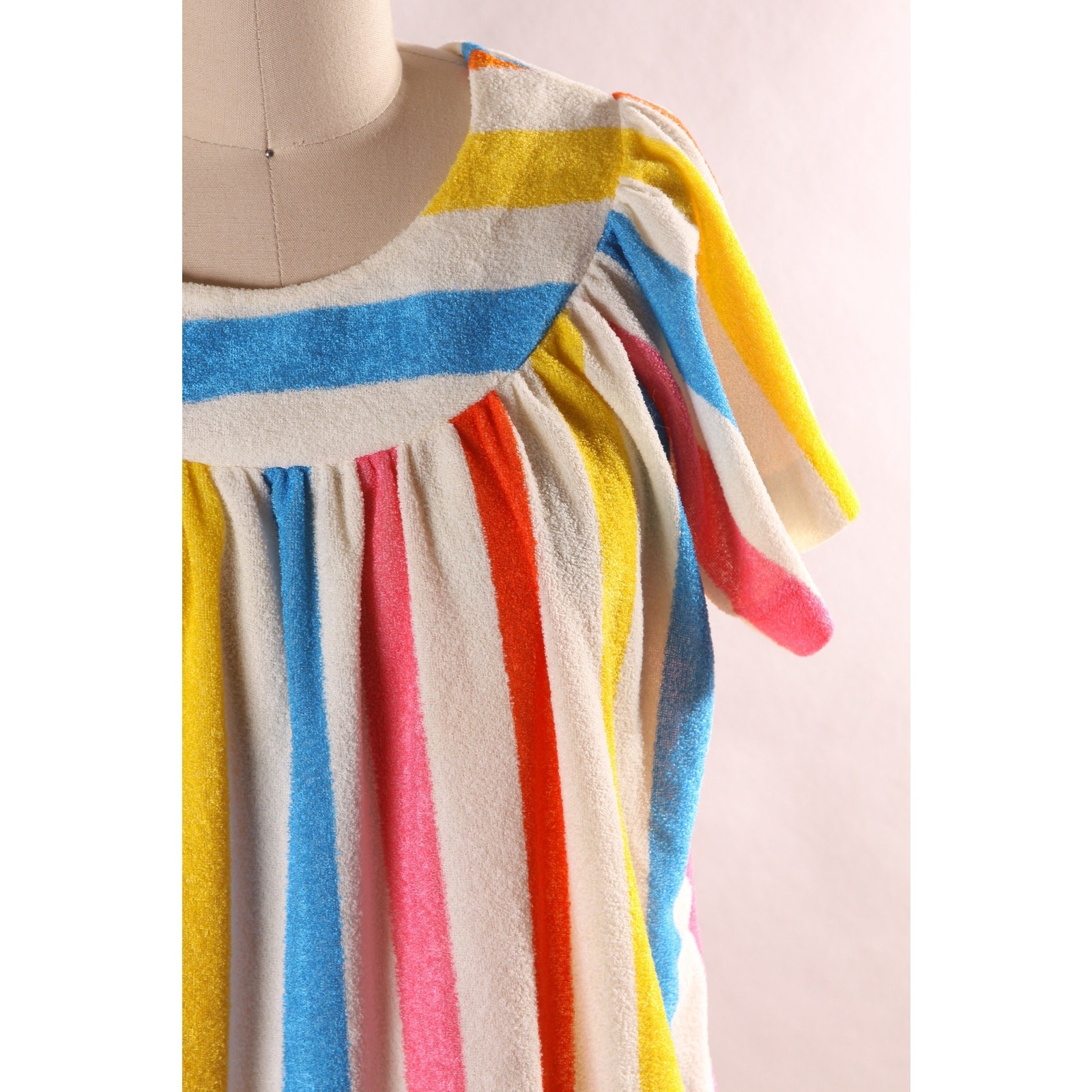1970s White and Rainbow Striped Short Sleeve Pocketed Ankle Length Dress-S