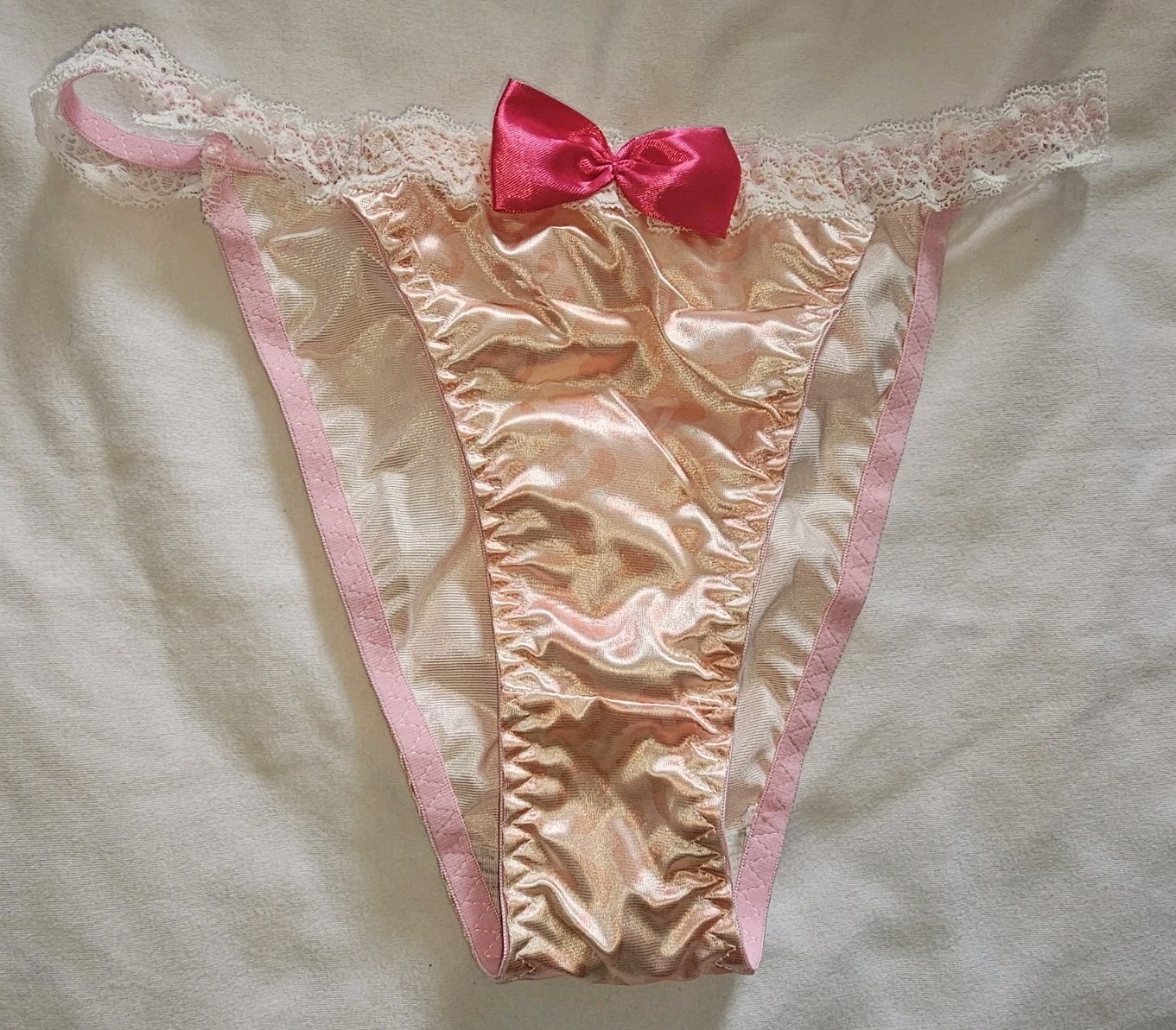 Vintage Girly Glossy Satin String Bikini Light Pink Panties. Size Large