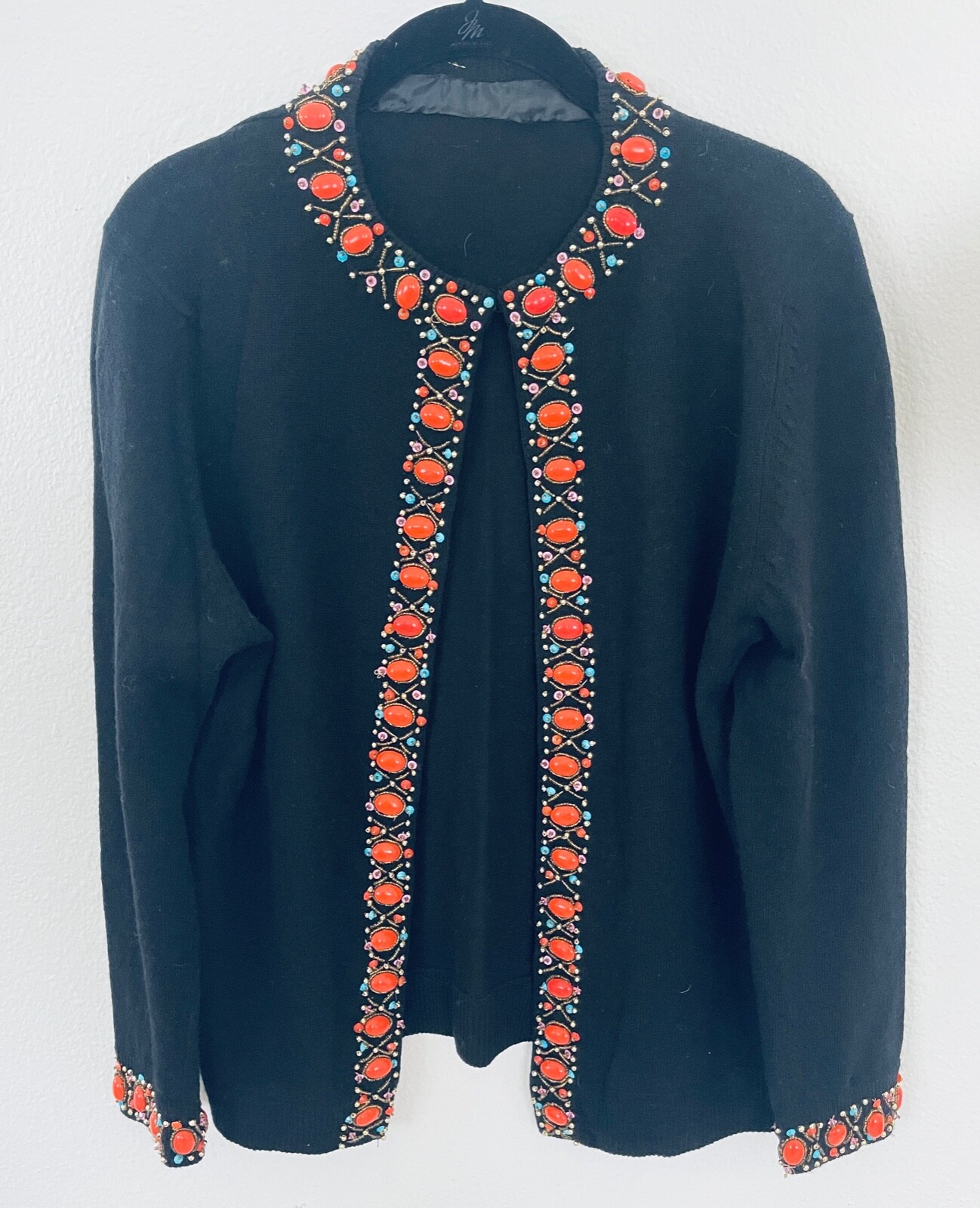 CERVELLE Sweater Beaded Embellished Open Cardigan Ramie Cotton Black Vintage L