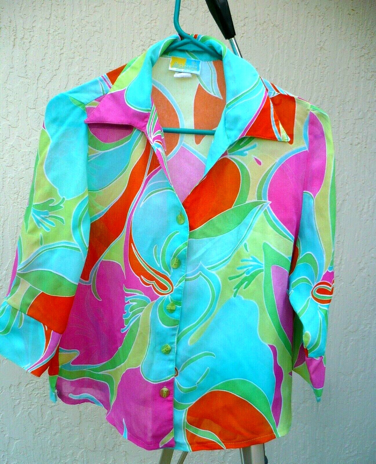 VTG SEA SUNS S BRIGHT COLOR PASTEL ABSTRACT MOD ART SHEER USA BLOUSE SHIRT WOMEN