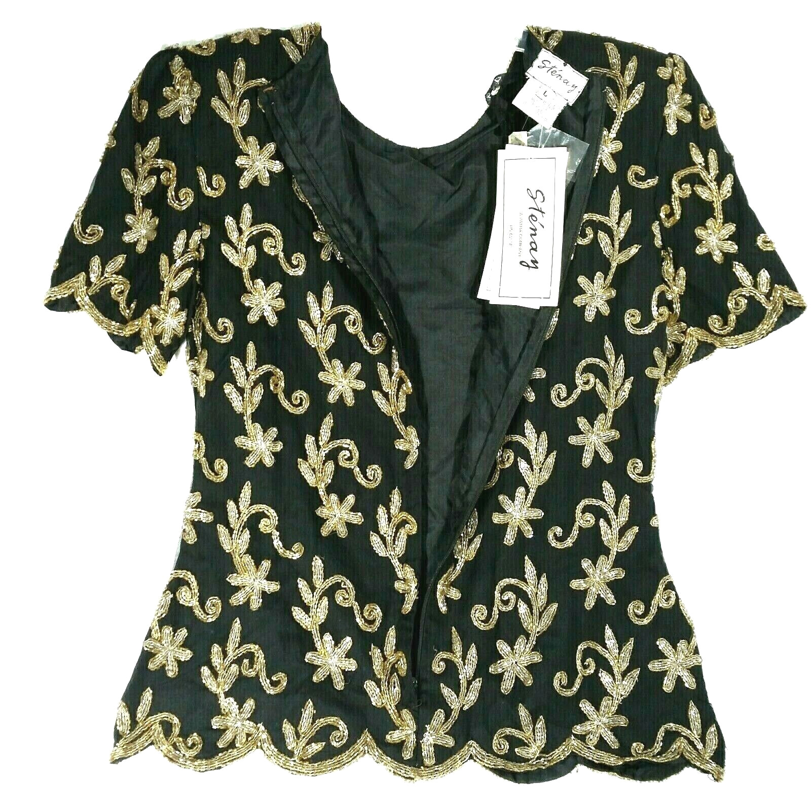NEW STENAY Top 100% Silk Vtg S Holiday Gold Silver Metallic Beads Scallops Event