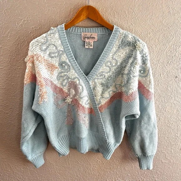 Jaclyn Smith Vintage Sweater Chunky Beaded 80s Pastel LARGE Coquette bows