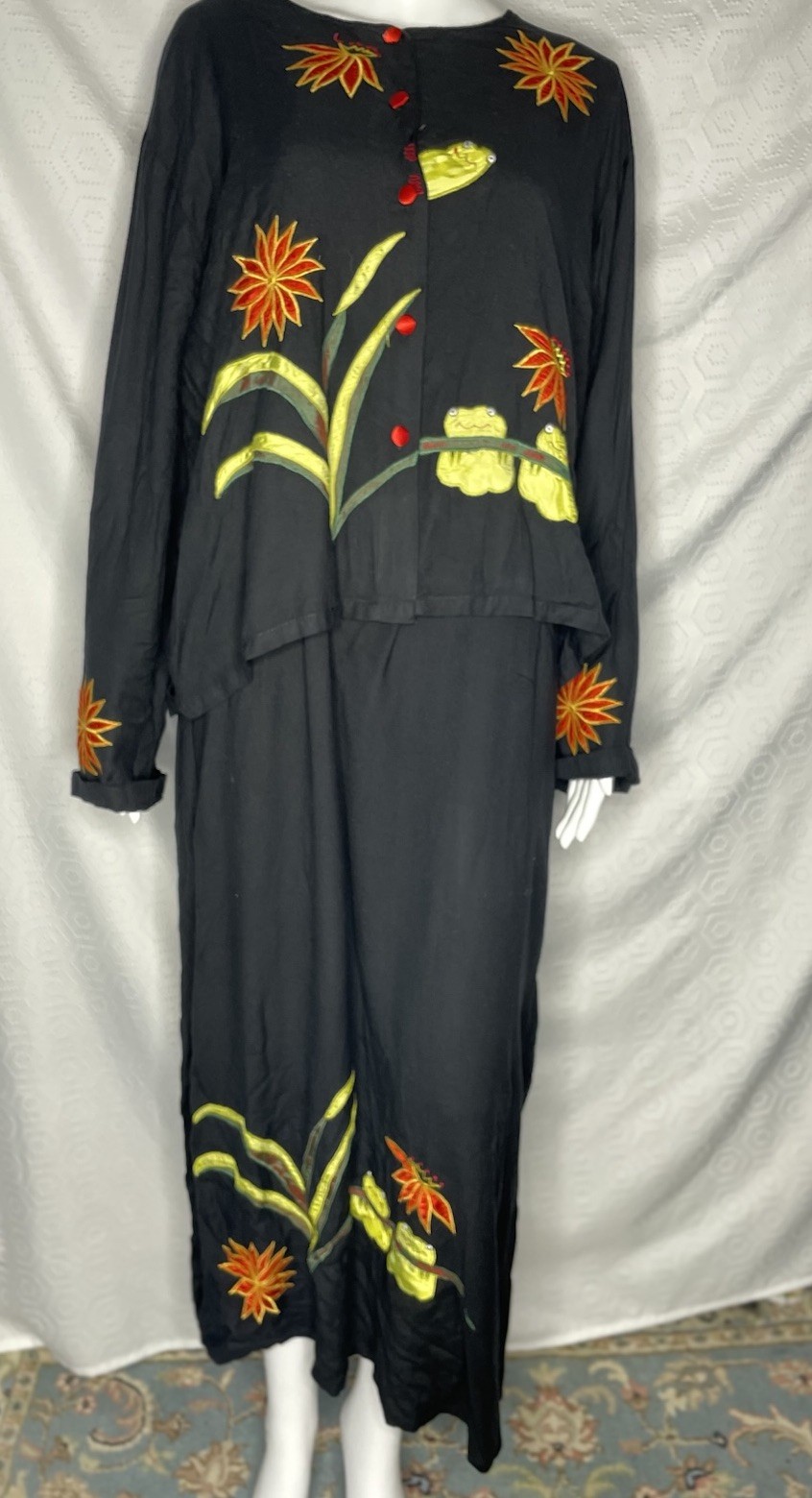Vtg Monroe & Main Frog Floral Appliqué 2 Piece Maxi Dress Jacket Set XL