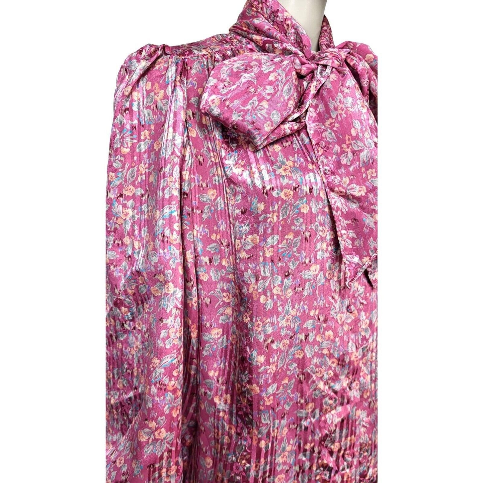 VTG 70s Pink Abstract Floral Neck Bow Puff Balloon Sleeve Satin Striped Blouse