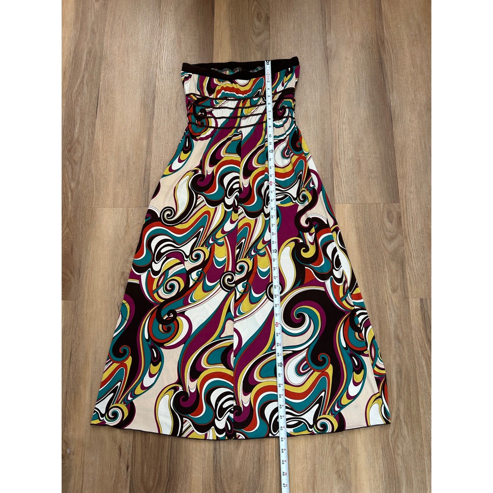 Vtg Strapless Maxi Dress Psychedelic Swirl Print Brown Multi M boho Funky resort