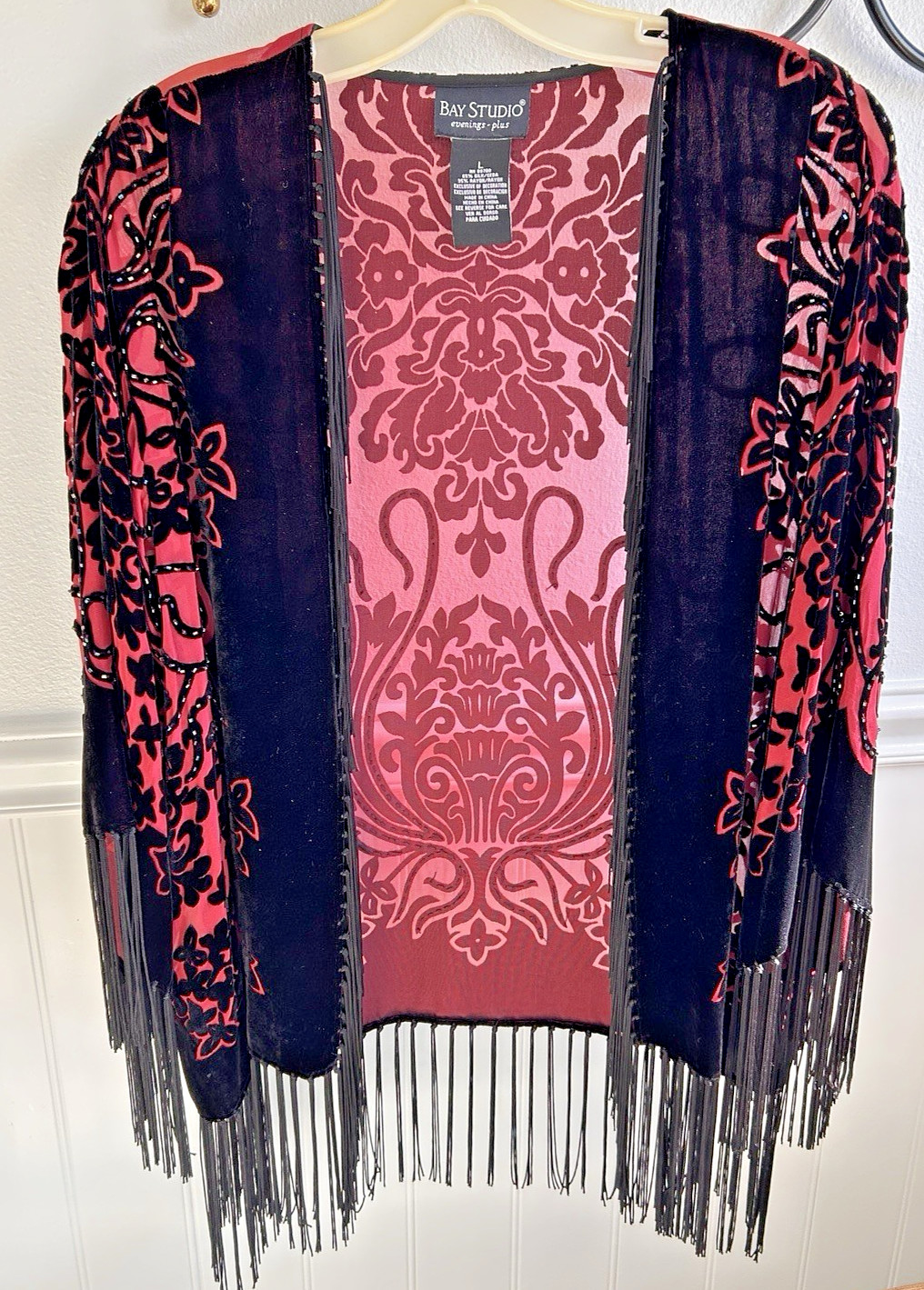 Vtg 90s Silk Velvet Burn Out Open Shawl Kimono Fringe Black & Rose + Beads Sz L