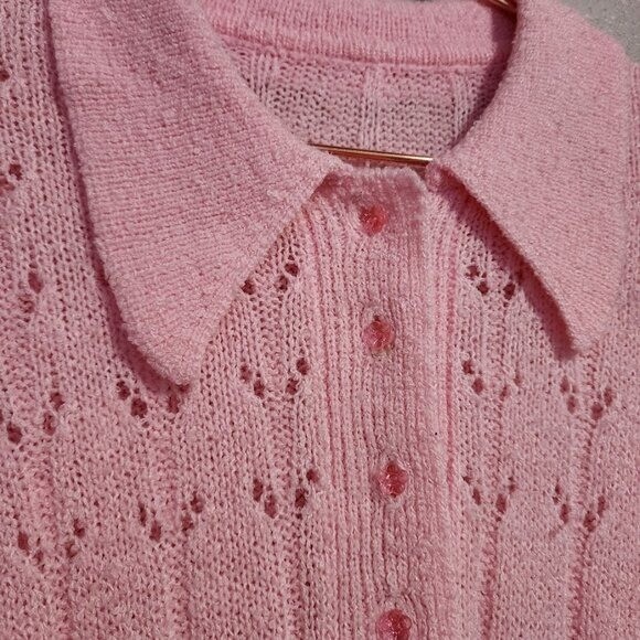 VINTAGE 70’s bubblegum pink acrylic knit pointed collar short sleeve sweater top