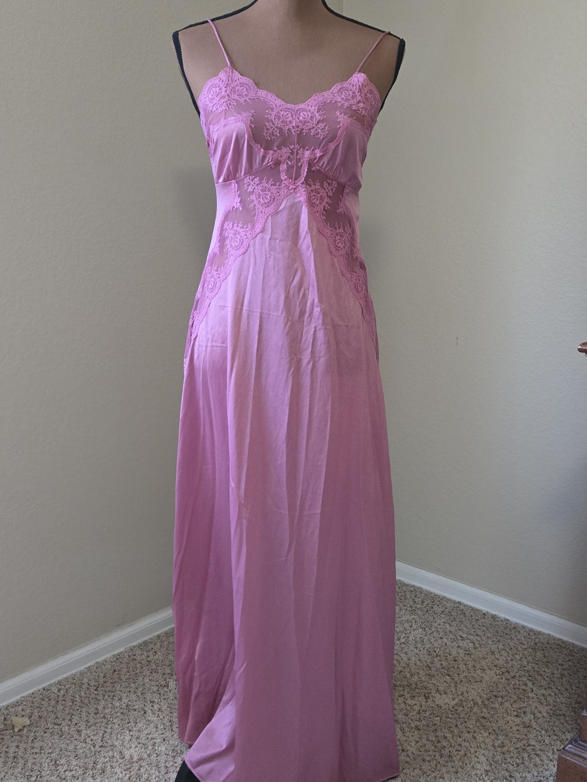 Vintage Jcpenney Nylon Lace Full Length Night Gown Pink Sexy Feminine Sz Small