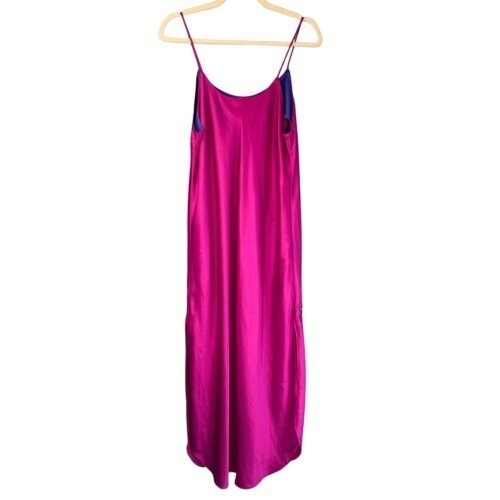 T10 Vintage Ms. B. Fuchsia Pink Purple Embroidered Slip Dress 80s 90s Large 57″