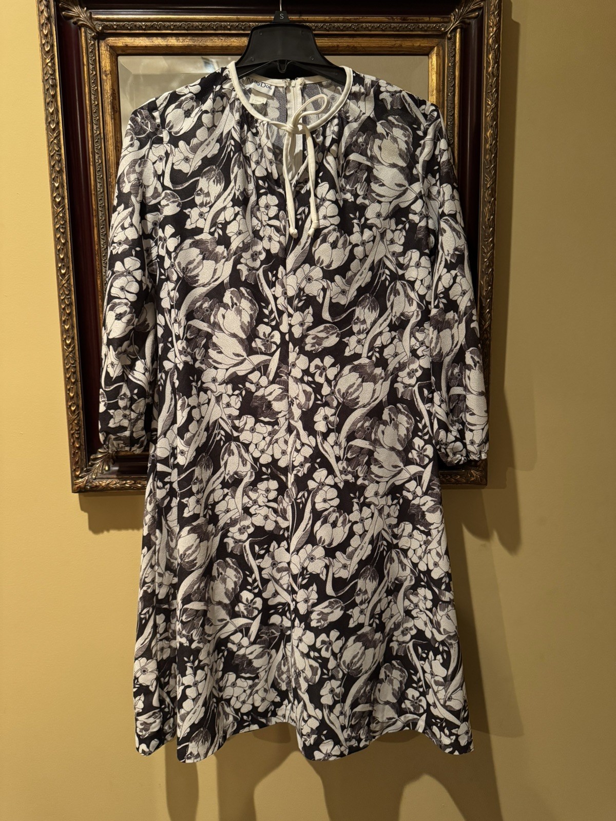 Vintage Nelly Don Shift Dress Black & White Floral Midi Back Zip w/ belt-Size18