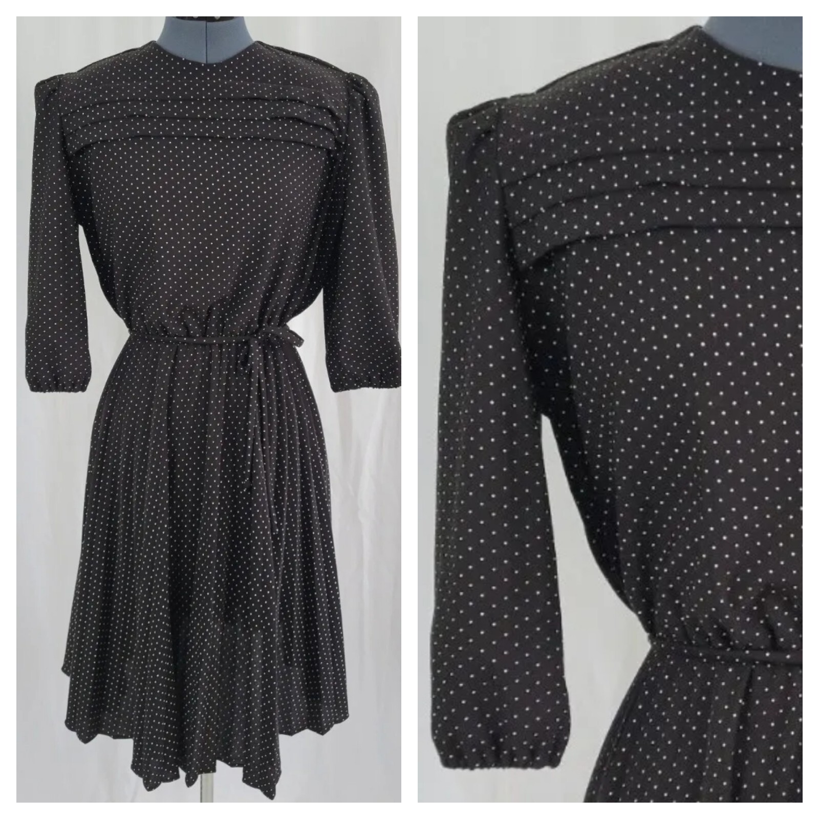 Vtg Earth Angel Dress in Black w Cream Polka Dots/Tie Waist/Pleated Skirt 15/16