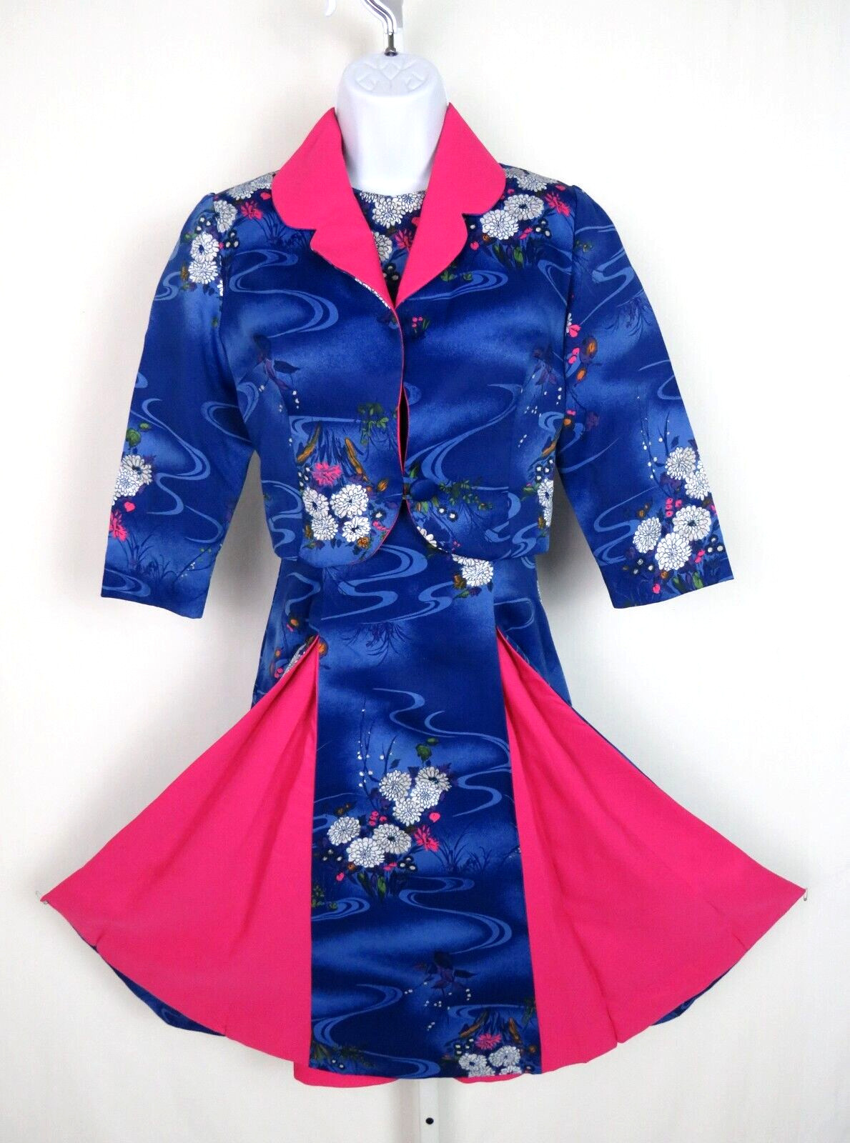 VTG 1950s 60s WALTAH CLARKE’S OF HONOLULU DRESS & CROP JACKET FLORAL POLY SILK?