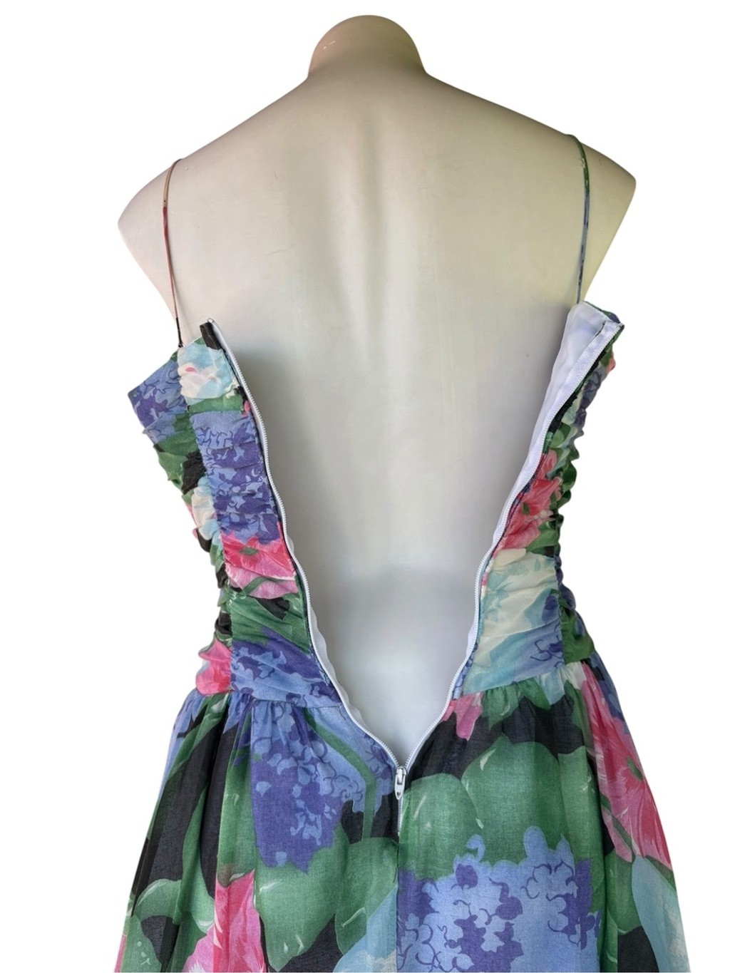 Vintage 80s Floral Chiffon Dress Open Back Fit Flare Party Prom 6 Small