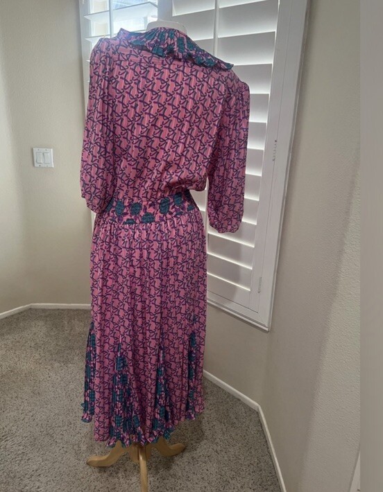 VNTG 80s Susan Freis satin multicolor floral faux wrap elastic ruffle dress M