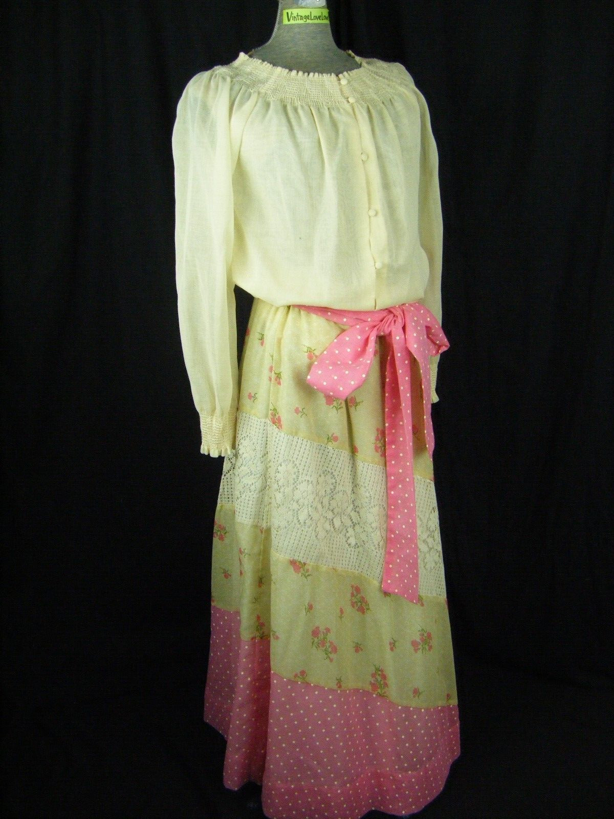 CHESSA DAVIS Vtg 70s Ivory/Pink Romantic Blouse Belt & Skirt-Bust 45/Waist 25-30