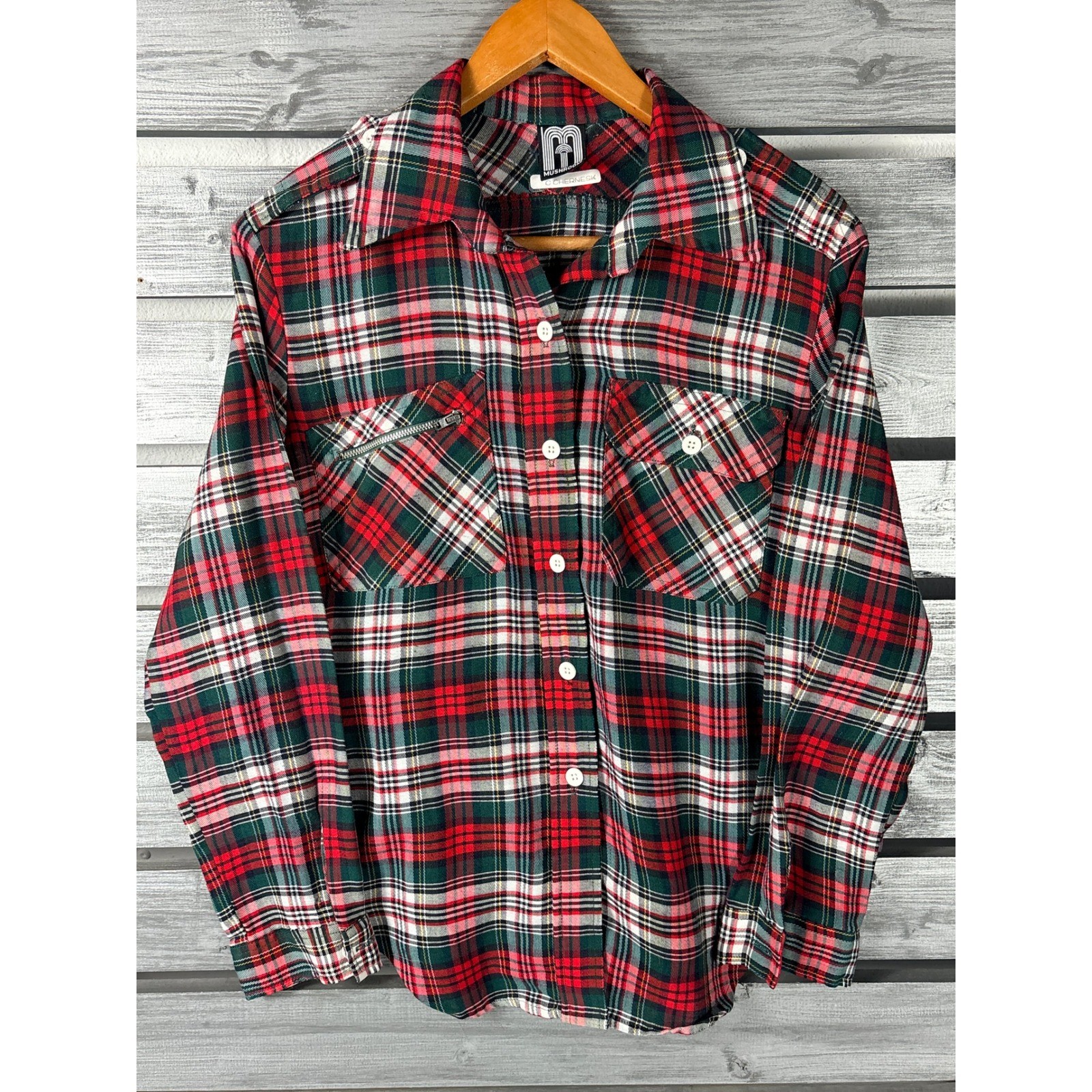 Vintage 70s Rockabilly Plaid Button Down Shirt Red Epaulets Zip Pocket Womens M