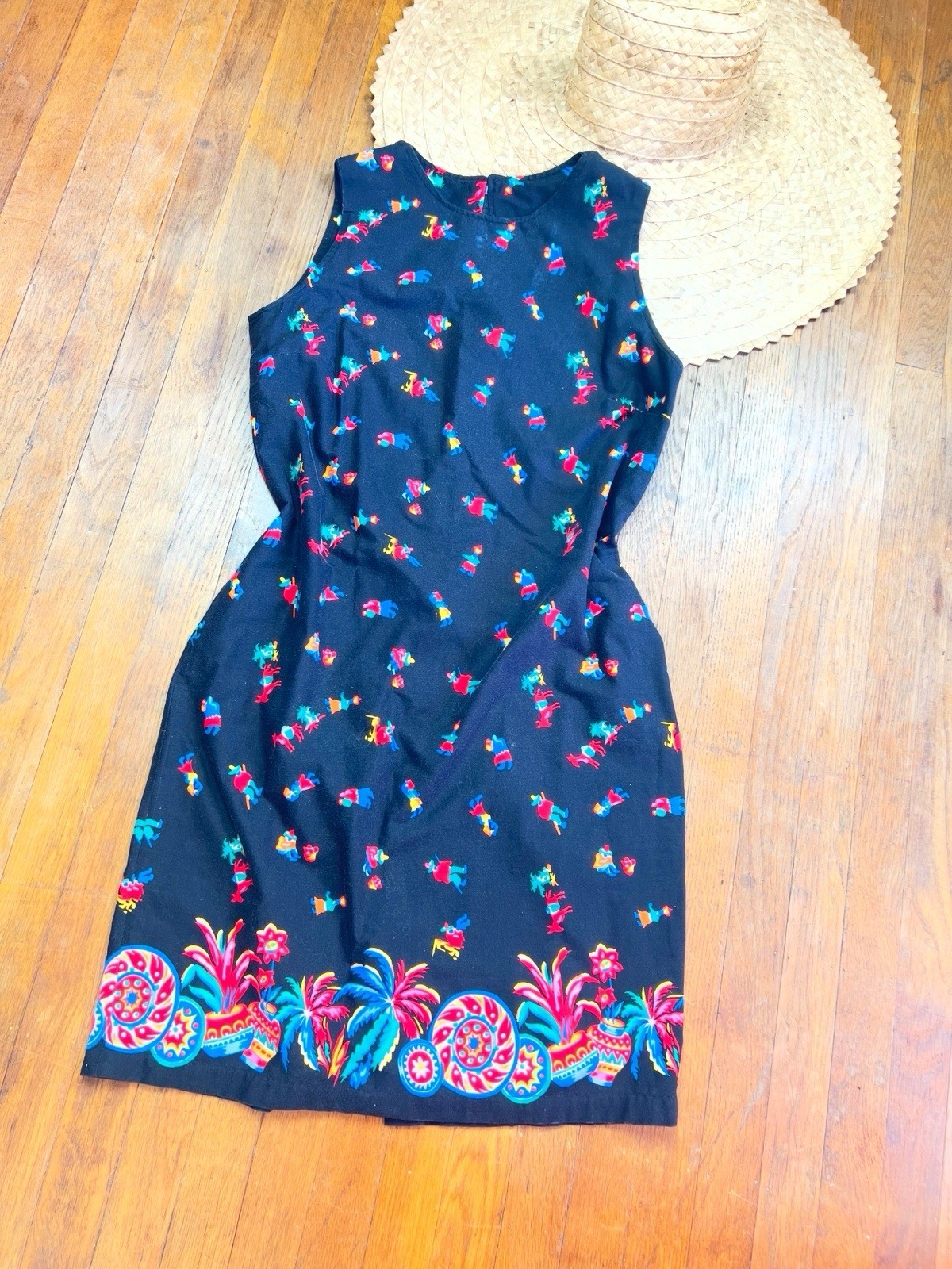 MEXICAN NOVELTY Print 60s 1960’s Vintage Black Cotton Shift Sundress Dress M 36b