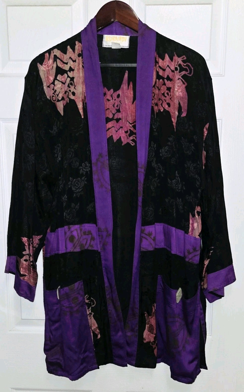 Vintage Purple KUSNADI Art To Wear Boho Abstract Batik Open Tunic Kimono OS