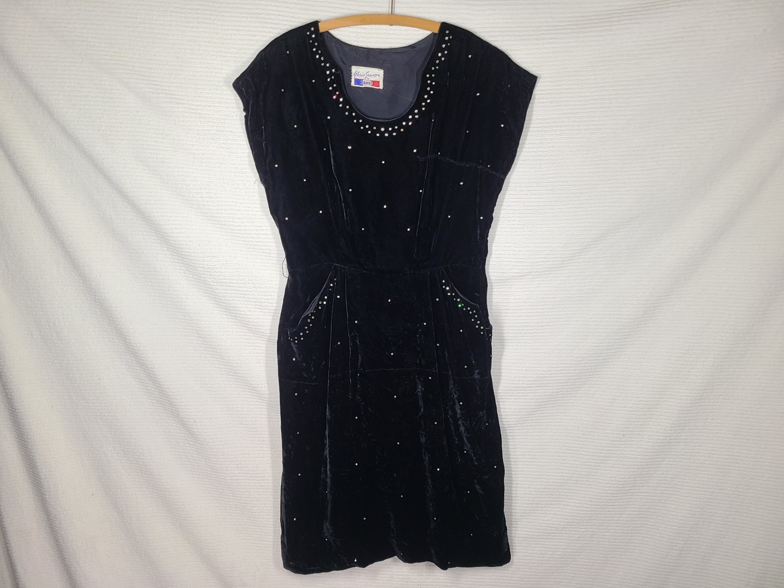 Vtg 40s Dress Black Velvet Night Sky Rhinestone wBelt Gloria Swanson Paris AsIs